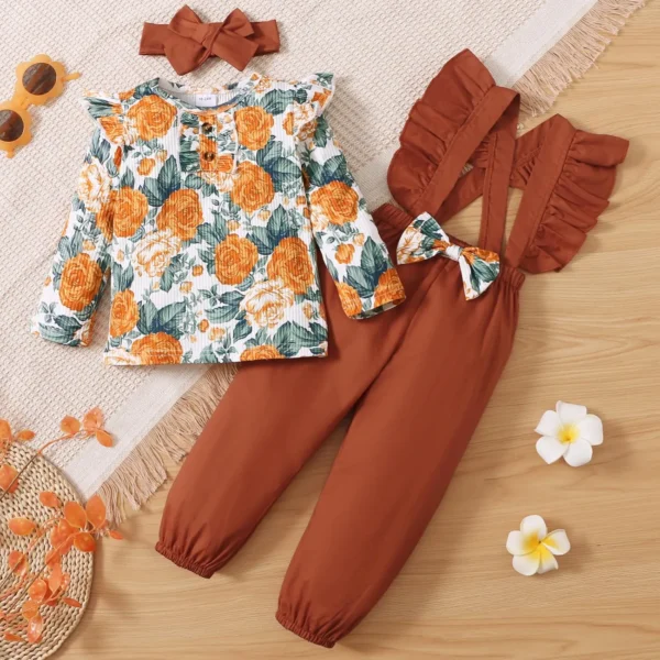 3 piece Toddler Girl Floral Print Ruffled Long sleeve Top Bowknot Design Overalls and Headband Set