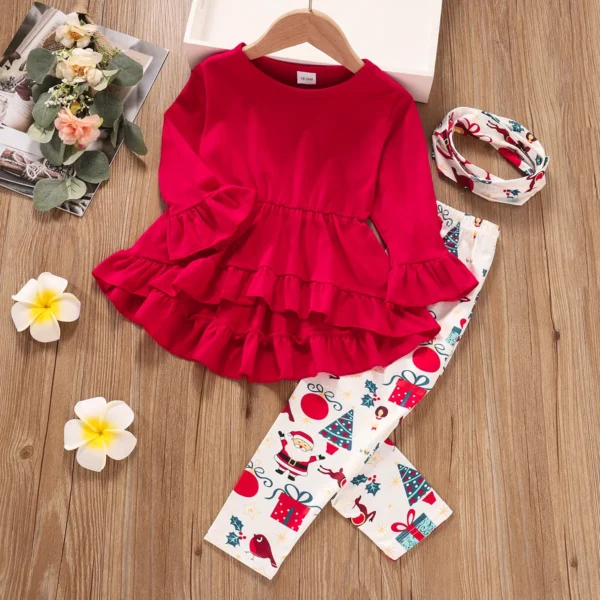 3 piece Toddler Girl Ruffle Hem Long Bell sleeves Red Top Santa Christmas Tree Print Pants and Scarf Set