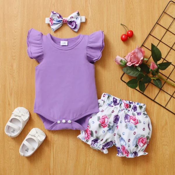 3pcs Baby Girl 95 Cotton Layered Ruffle Sleeve Romper with Floral Print Bloomers Shorts and Headband Set