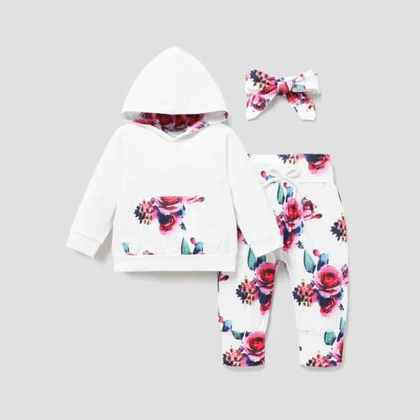 3pcs Baby Girl 95 Cotton Long sleeve Hoodie and Floral Print Pants with Headband Set