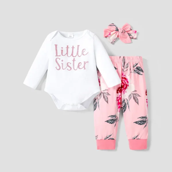 3pcs Baby Girl 95 Cotton Long sleeve Letter Print Romper and Floral Print Pants with Headband Set