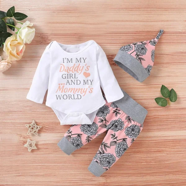 3pcs Baby Girl 95 Cotton Long sleeve Letter and Floral Print Set