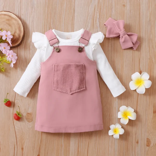 3pcs Baby Girl 95 Cotton Ribbed Long sleeve Romper and Solid Suspender Dress with Headband Set