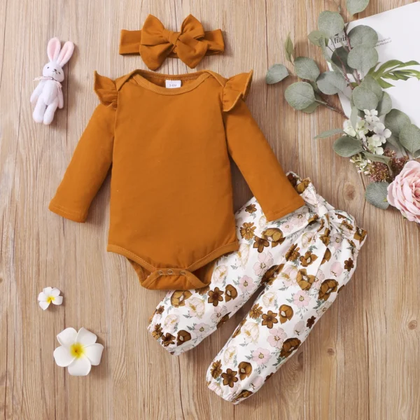 3pcs Baby Girl 95 Cotton Ruffle Long sleeve Romper and Floral Print Pants with Headband Set