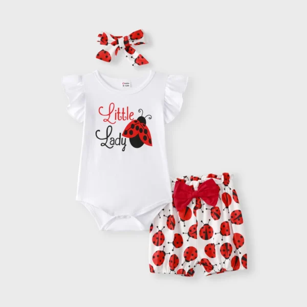 3pcs Baby Girl 95 Cotton Ruffle Sleeve Letter Print Romper and Ladybugs Print Shorts with Headband Set