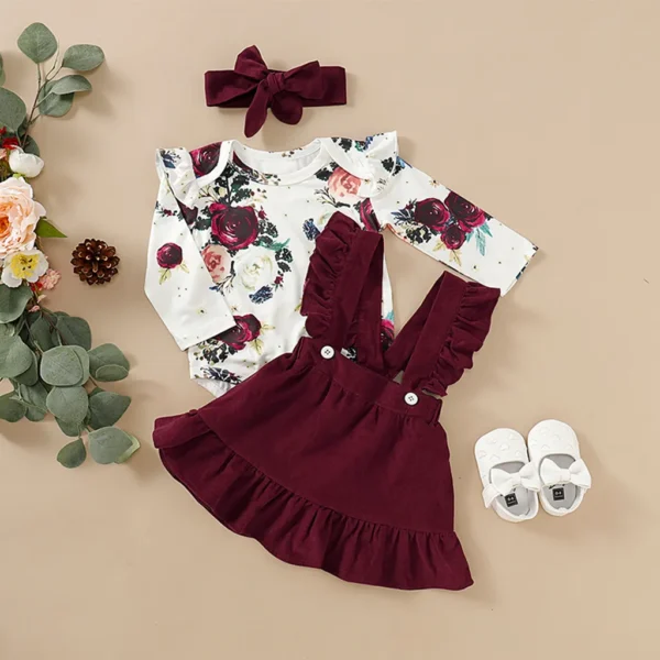 3pcs Floral Print Ruffle Decor Long sleeve Baby Set