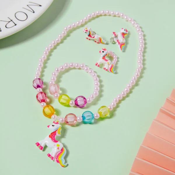 5 pack Toddler Cartoon Unicorn Pendant Beaded Necklace Ring Ear Cuff and Beaded Bracelet Jewelry Set for Girls