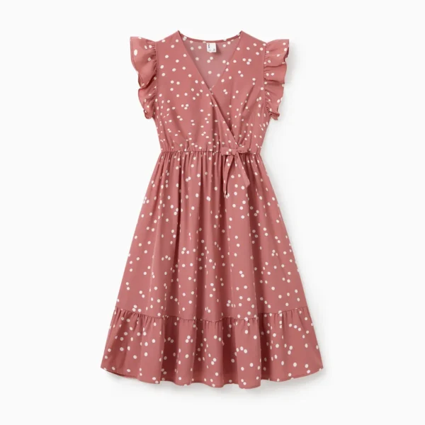 All Over Dots Pink Cross Wrap V Neck Ruffle Flutter sleeve Dress for Mom and Me