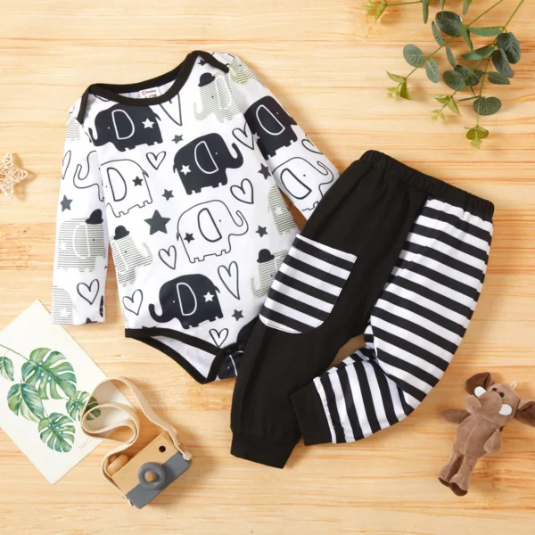 Baby Boy 2pcs Elephant and Stripe Print Black and White Romper Set