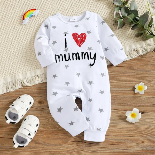 Baby BoyGirl 95 Cotton Long sleeve Love Heart Letter Print StarsStriped Jumpsuit