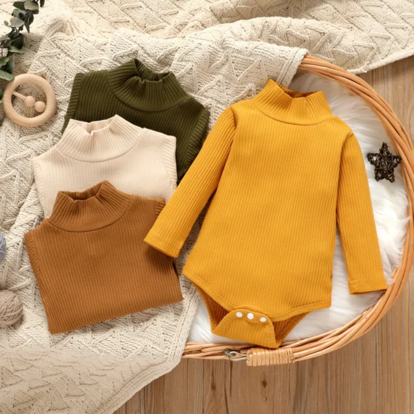 Baby BoyGirl 95 Cotton Ribbed Turtleneck Long sleeve Romper