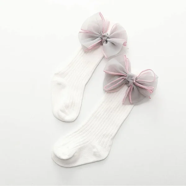 Baby Toddler Girls Tulle Bowknot Decor Ribbed Stockings