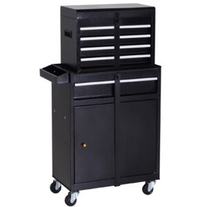 DURHAND Metal Tool Chest 2 in 1 Cabinet with 5 Drawers Pegboard Wheels Workshop Storage Black Aosom UK