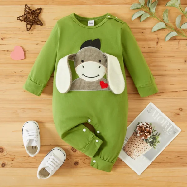 Donkey Embroidery 3D Ear Design Long sleeve Green Baby Jumpsuit