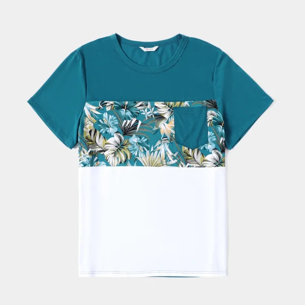 Family Matching All Over Floral Print Blue V Neck Ruffle Dresses and Short sleeve Splicing T shirts Sets