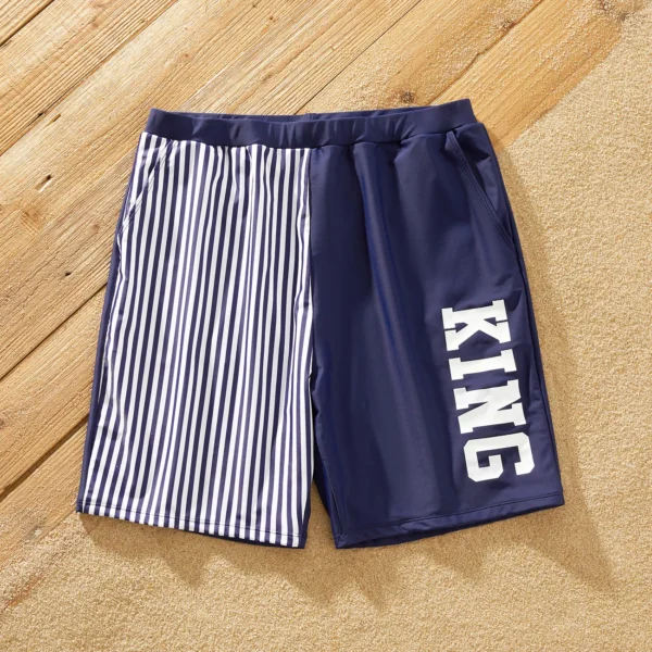 Family Matching Letter Print Splicing Striped Swim Trunks Shorts and Ruffle One Piece Swimsuit