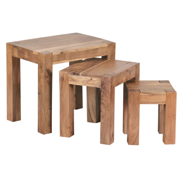 FineBuy 3er Set Satztisch Massiv Holz Akazie Wohnzimmer Tisch Landhaus Stil Beistelltisch dunkel braun Naturholz