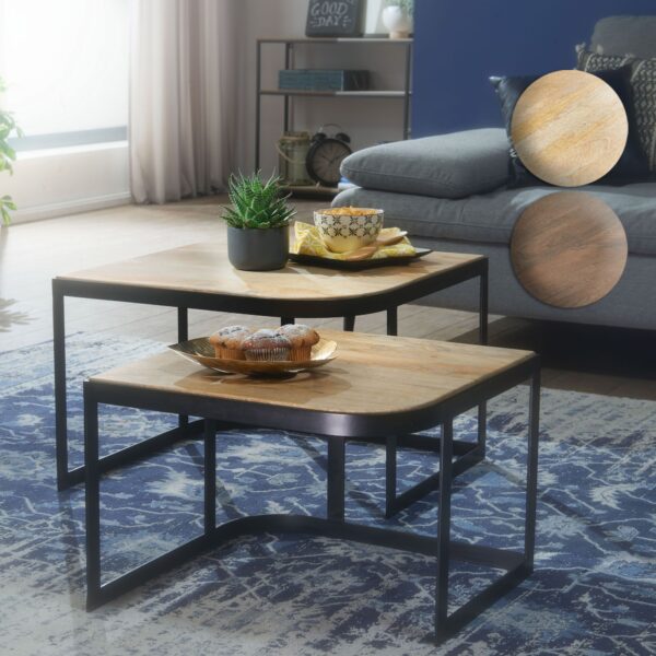 FineBuy Couchtisch 2er Set Mango Massivholz Metall Wohnzimmertisch Braun Industrial Satztisch Beistelltisch Metallbeine Schwarz Tischset 2 teilig Satztisch Holz