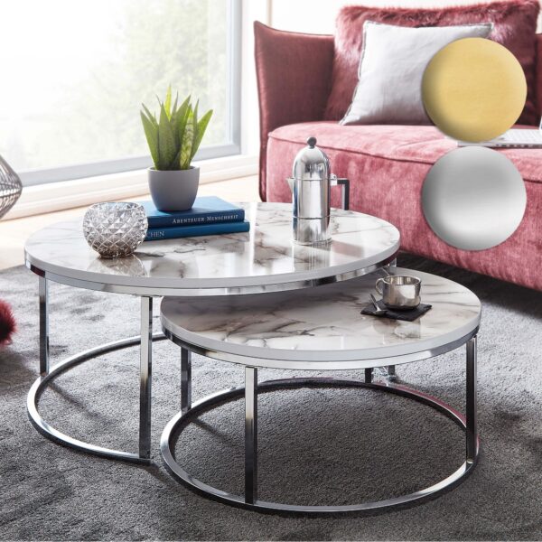 FineBuy Couchtisch 2er Set Weiß Marmor Optik Sofatisch Rund Modern Beistelltisch 2 teilig Metall Runde Wohnzimmertische Design Satztische