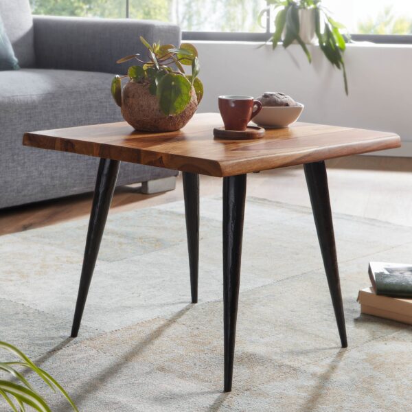 FineBuy Couchtisch Sheesham Massivholz Sofatisch mit Baumkante Wohnzimmertisch Kaffeetisch Eckig mit Metall Gestell Tisch Beistelltisch Wohnzimmer Modern