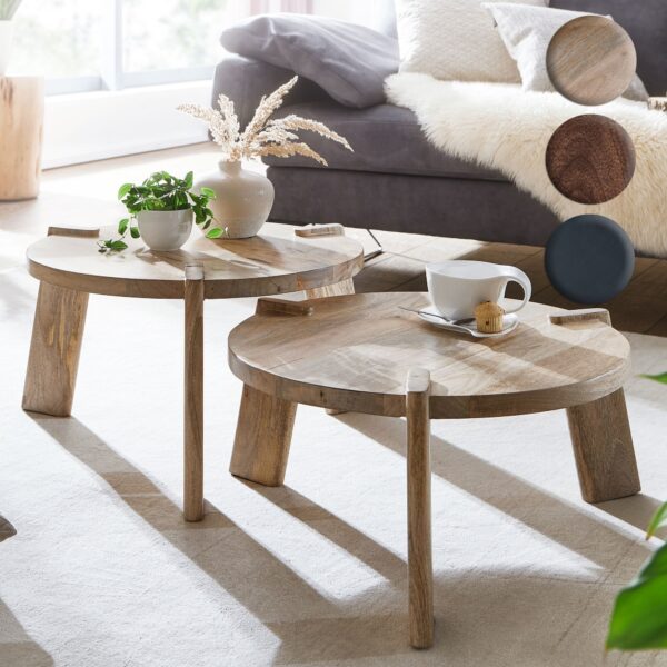 FineBuy Design Couchtisch 2er Set Mango Massivholz Wohnzimmertisch Satztisch Holztisch Rund Beistelltisch Tischset 2 teilig Kaffeetisch Holz