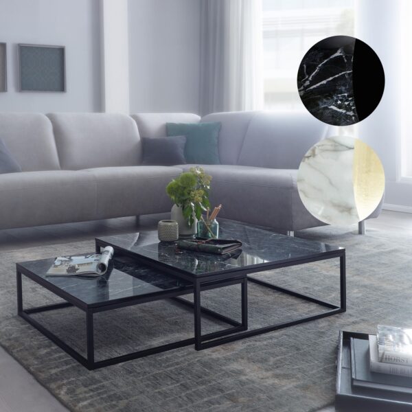 FineBuy Design Couchtisch 2er Set Marmor Optik Eckig Couchtische 2 teilig Tischgestell Metall Edle Wohnzimmertische Moderne Satztische