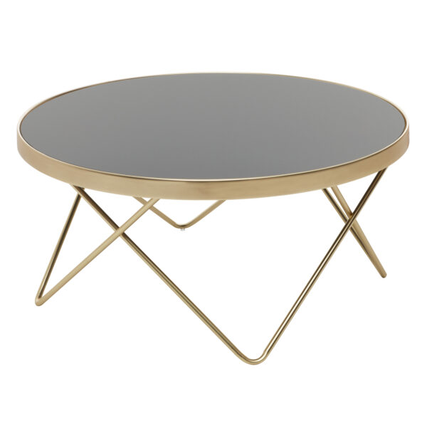 FineBuy Design Couchtisch ⌀ 82 cm Schwarz matt Gold Beistelltisch Metall Glas Tisch mit Glasplatte Ablagetisch modern Großer Wohnzimmertisch Glastisch mit Metallgestell