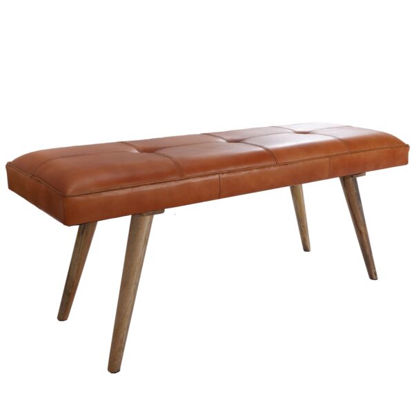 FineBuy Sitzbank Ziegenleder Massivholz Bank 117 x 51 x 38 cm Retro Stil 2er Polsterbank Flur Gepolsterte Lederbank Esszimmer braun Kleine Bettbank Echtleder Dielenmöbel Flurbank