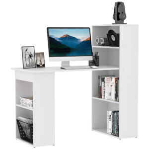 HOMCOM 120cm Modern Computer Desk Bookshelf Writing Table Workstation PC Laptop Study Home Office 6 Shelves White Aosom UK