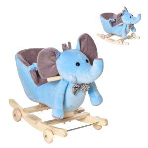 HOMCOM 2 In 1 Plush Baby Ride on Rocking Horse Elephant Rocker with Wheels Wooden Toy for Kids 32 Songs Blue