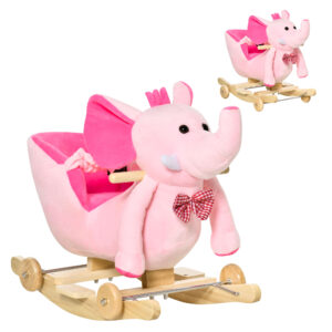 HOMCOM 2 In 1 Plush Baby Ride on Rocking Horse Elephant Rocker with Wheels Wooden Toy for Kids 32 Songs (Pink)