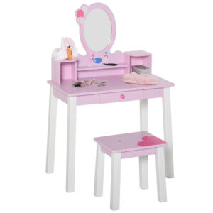 HOMCOM 2 PCS Kids Wooden Dressing Table Stool Girls Vanity Table Makeup Table Set w Mirror Drawers Role Play for Toddlers 3 Year+ Aosom UK