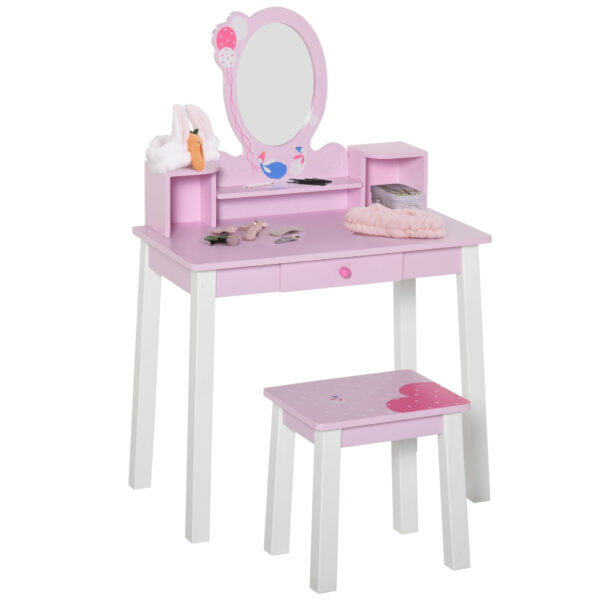 HOMCOM 2 PCS Kids Wooden Dressing Table Stool Girls Vanity Table Makeup Table Set w Mirror Drawers Role Play for Toddlers 3 Year+ Aosom UK