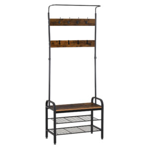 HOMCOM Coat Rack Stand Industrial hallway Shoe Rack Removable Hooks Metal Wood Hangers Storage Cabinet Rustic Brown 72L×34W×185Hcm