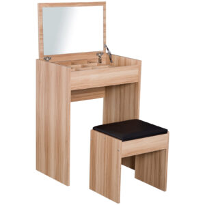 HOMCOM Dressing Table Set Padded Stool Dresser with Flip up Mirror Multi purpose Wood Grain