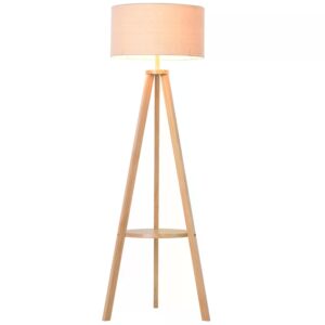 HOMCOM Freestanding Tripod Floor Lamp Bedside Light Reading Light with Storage Shelf Linen Shade for Living Room Bedroom 154cm Cream Aosom UK