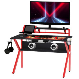 HOMCOM Gaming Desk with Metal Frame Adjustable Feet Cup Holder Headphone Hook Cable Management Fiery Red Aosom UK