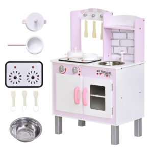 HOMCOM Kids Kitchen Play Set Wooden Pretend Play Toy w Sounds Utensils Pans Storage Child Role Play Accessories for 3 Years+ Pink