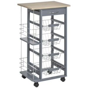 HOMCOM Kitchen Trolley Multi Use Kitchen Island w 4 Baskets 2 Side Racks 4 Wheels Food Storage Smooth Rolling Compact Furniture Dark Grey Aosom UK