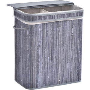 HOMCOM Laundry Locker: Dual-Compartment Wooden Basket with Lid, Removable Liner & Handles, Grey Aosom UK