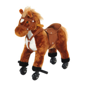 HOMCOM Plush Rocking Horse Wooden Action Pony with Wheeled Walking Riding Sound Brown Aosom UK