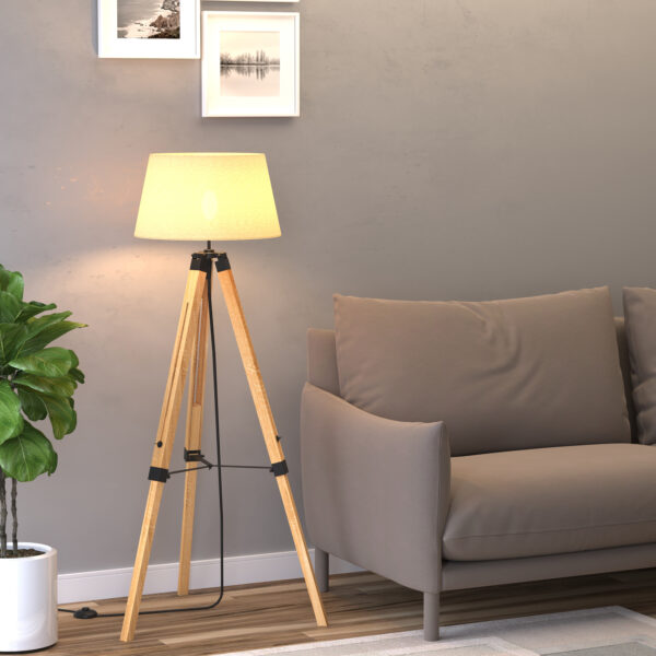 HOMCOM Tripod Floor Lamp Wooden Adjustable Modern Illumination Design E27 Bulb Compatible Grey Shade 99 143H