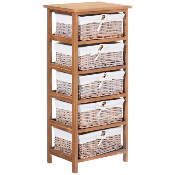 HOMCOM Wicker Basket Dresser 5 Drawer Storage Shelf Unit with Wooden Frame for Home Organisation Natural Finish Aosom UK