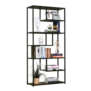 HOMCOM Wood Shelf Bookcase Industrial Style Stand 6 Staggered Shelf Living Room Display Rack Organiser Aosom UK