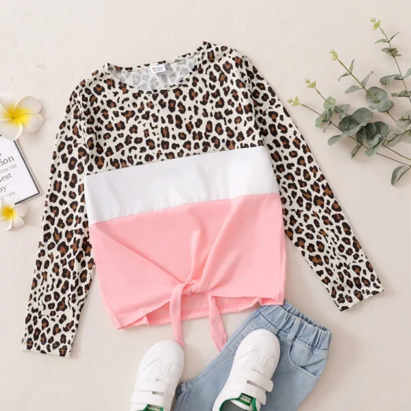 Kid Girl Leopard Print Colorblock Tie Knot Long sleeve Tee