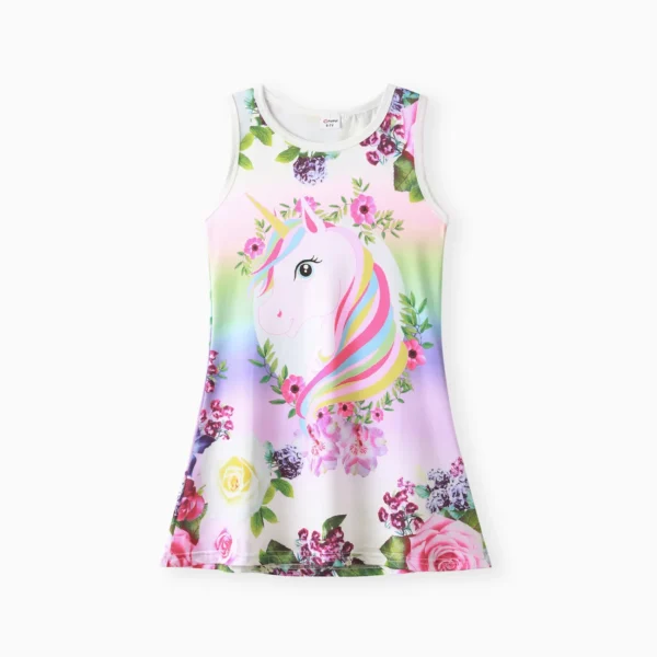 Kid Girl Pretty Unicorn and Flower Print Sleeveless Dress