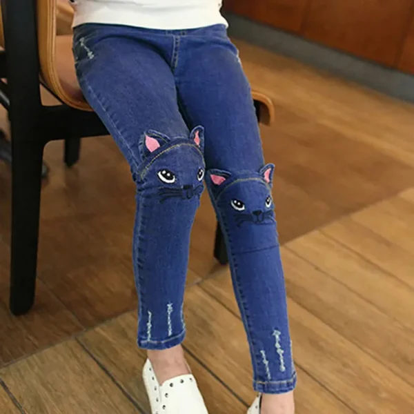 Kids Girl Cat Rabbit Tasseled Denim Jeans