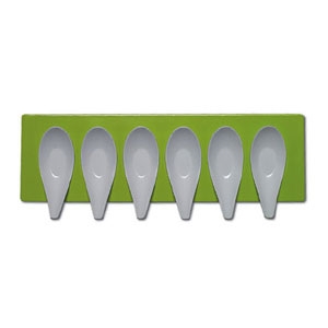 Mebel Entity 16D White Tasting Spoons x 6 on Green Rectangular Tray