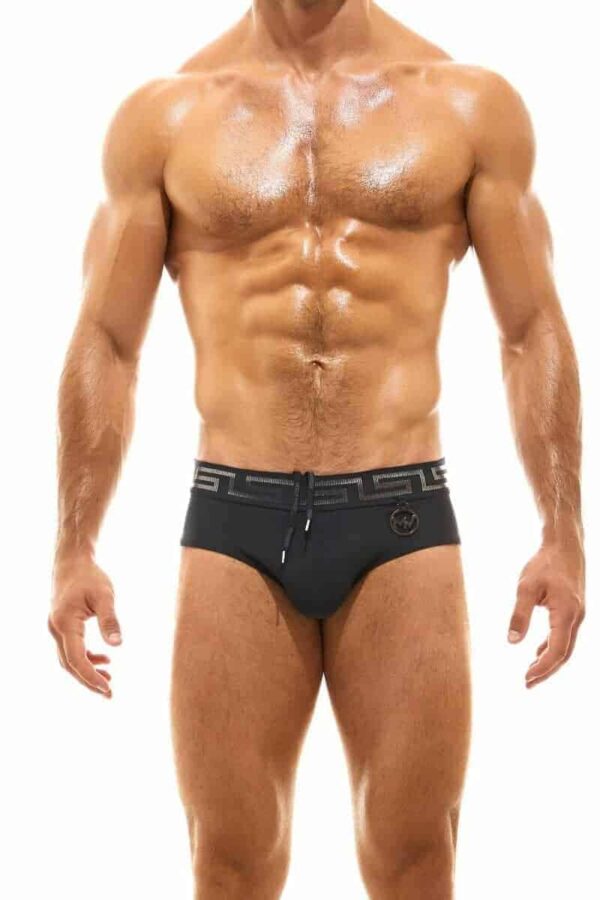 Modus Vivendi Glam Meander Swim Brief GoldSilver Foil Print Black Greek Key Nylon S