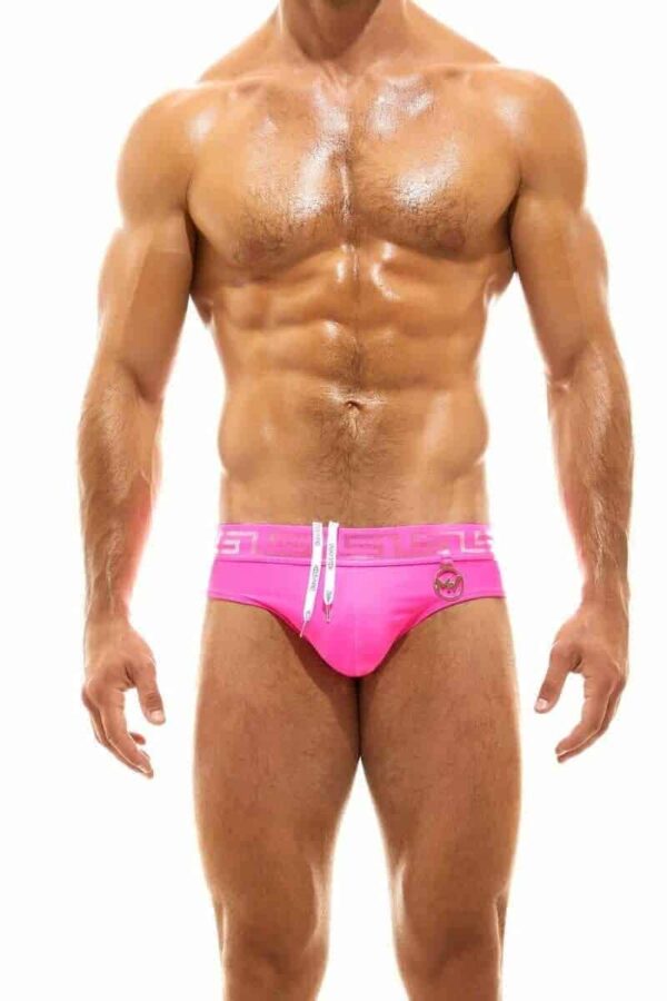 Modus Vivendi Glam Meander Swim Brief GoldSilver Foil Print Pink Greek Key Nylon M